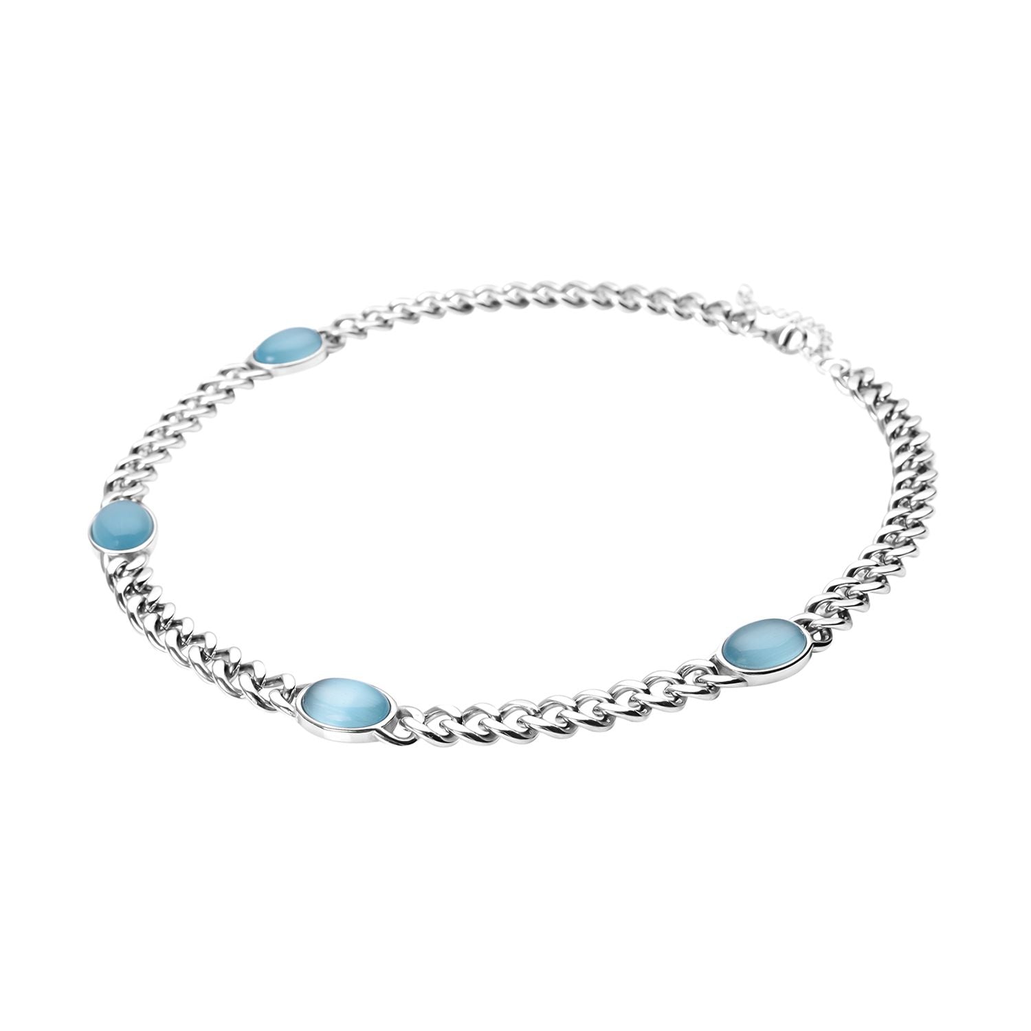 Künstliche, blaue Katzeaugen Halskette, ca. 50 cm, reiner Edelstahl ca. 25,00 ct