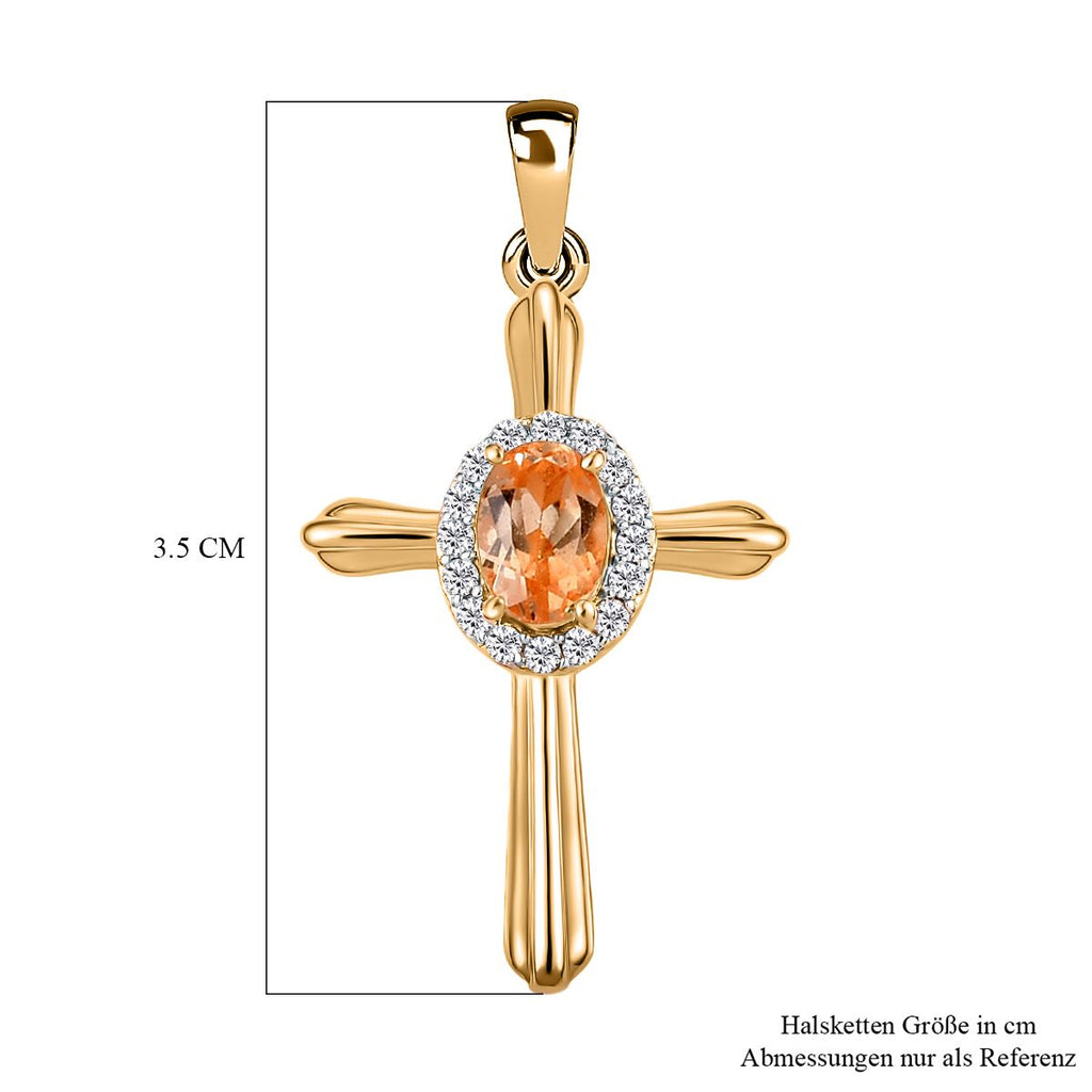 Ceylon kaiserlicher Granat und weißer Zirkon Kreuzanhänger, 925 Silber vergoldet ca. 0.77 ct