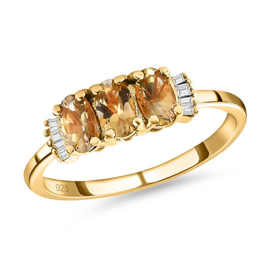 Natürlicher goldener Tansanit und weißer Diamant-Ring, 925 Silber Gelbgold Vermeil (Größe 21.00) ca. 1.03 ct