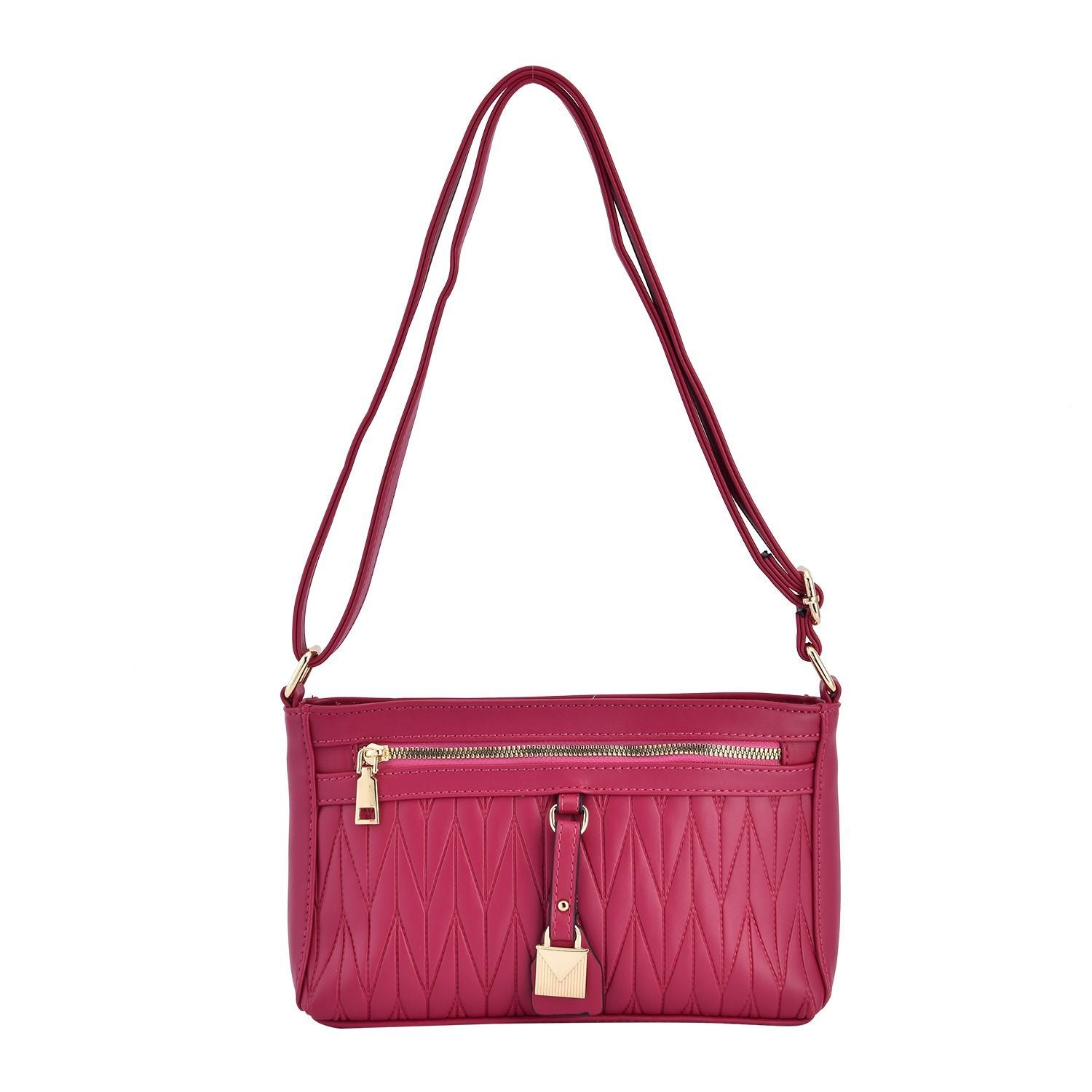Schultertasche aus Kunstleder, mit mehreren Fächern, 120 cm langem Riemen, 25x16x7 cm, Fuchsia
