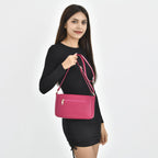 Schultertasche aus Kunstleder, mit mehreren Fächern, 120 cm langem Riemen, 25x16x7 cm, Fuchsia