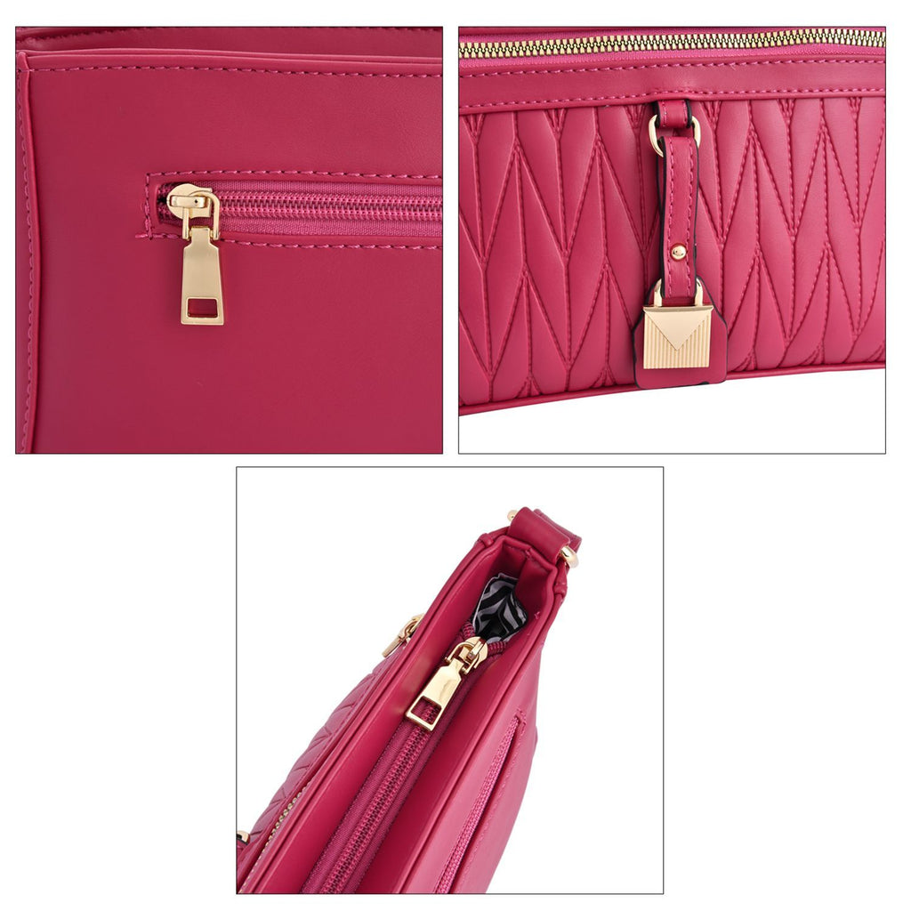 Schultertasche aus Kunstleder, mit mehreren Fächern, 120 cm langem Riemen, 25x16x7 cm, Fuchsia