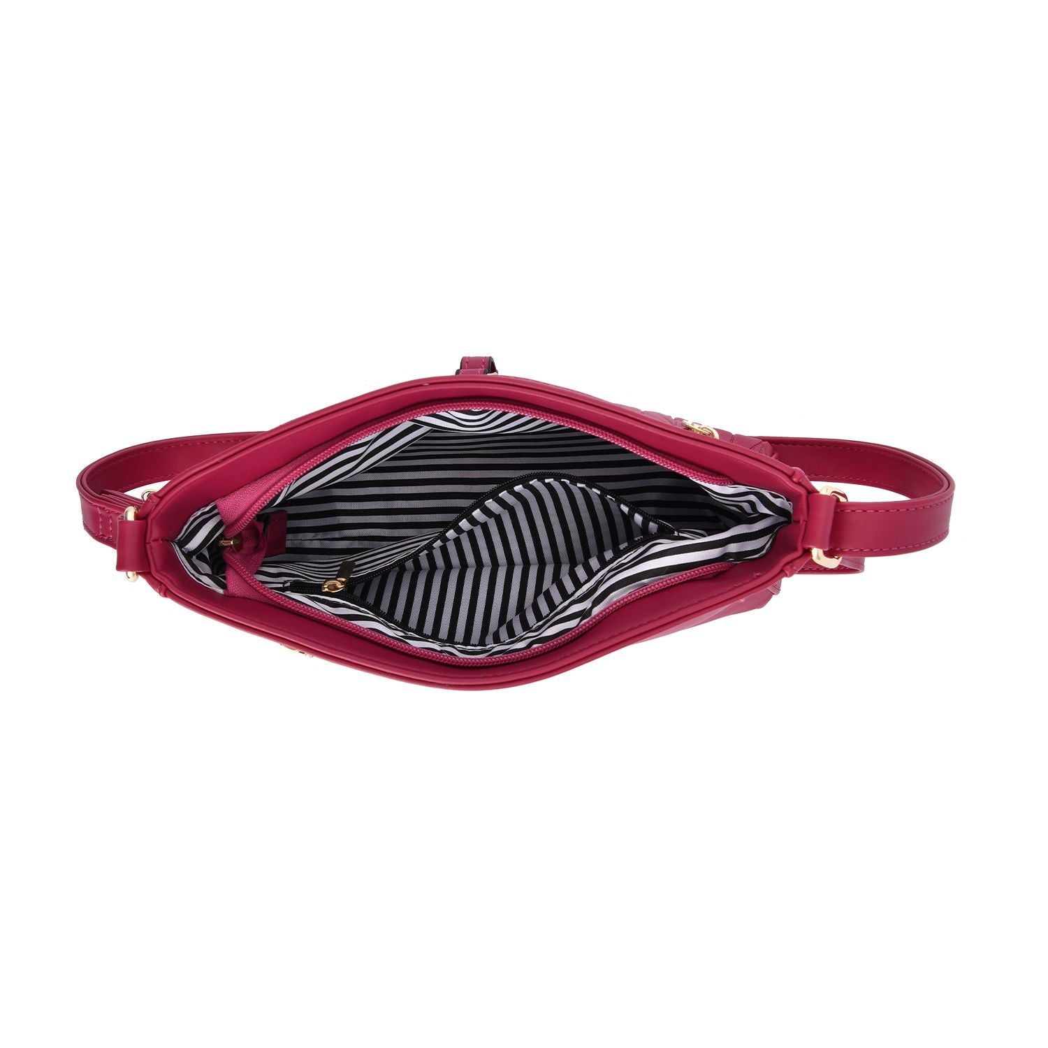 Schultertasche aus Kunstleder, mit mehreren Fächern, 120 cm langem Riemen, 25x16x7 cm, Fuchsia