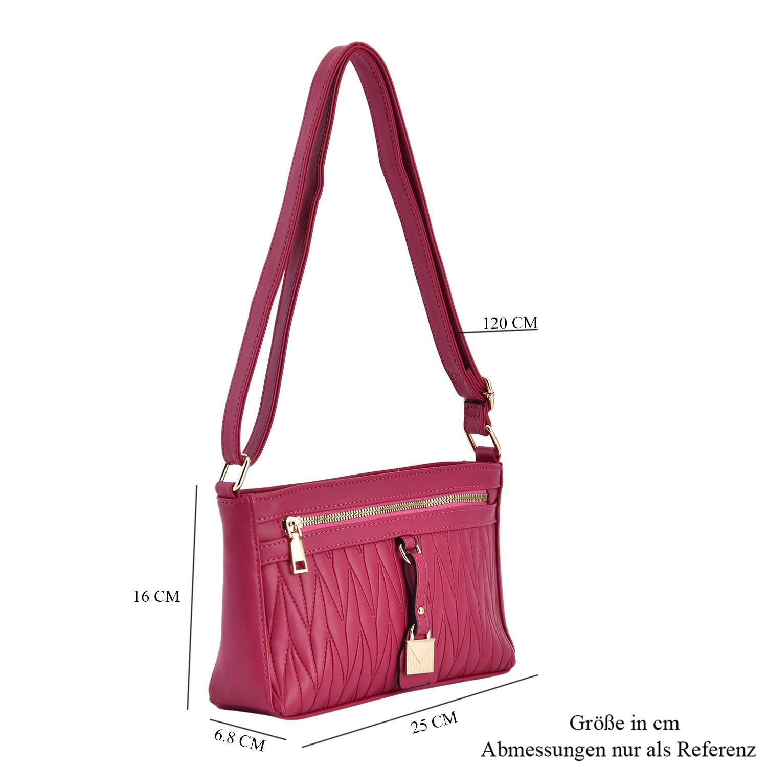 Schultertasche aus Kunstleder, mit mehreren Fächern, 120 cm langem Riemen, 25x16x7 cm, Fuchsia
