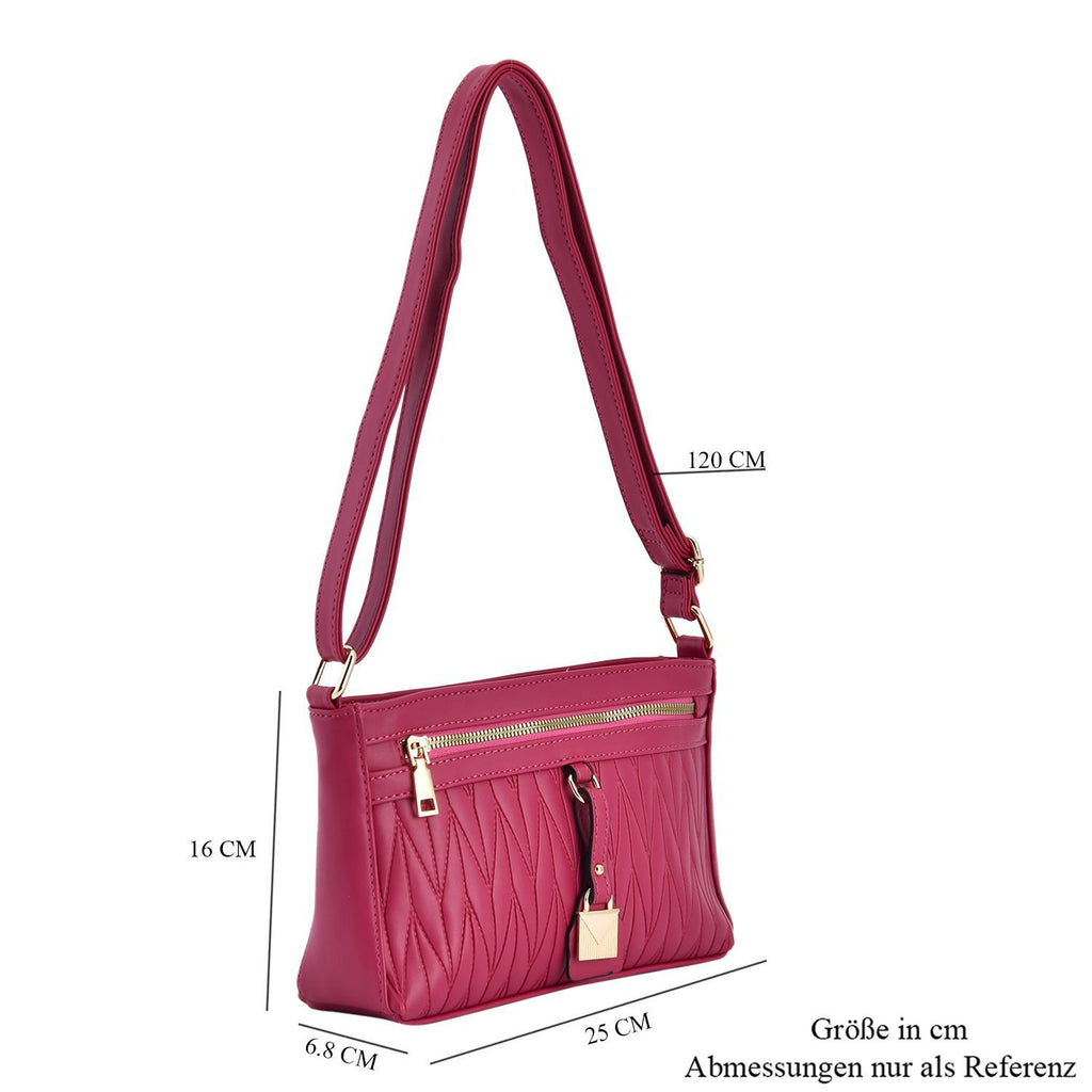 Schultertasche aus Kunstleder, mit mehreren Fächern, 120 cm langem Riemen, 25x16x7 cm, Fuchsia