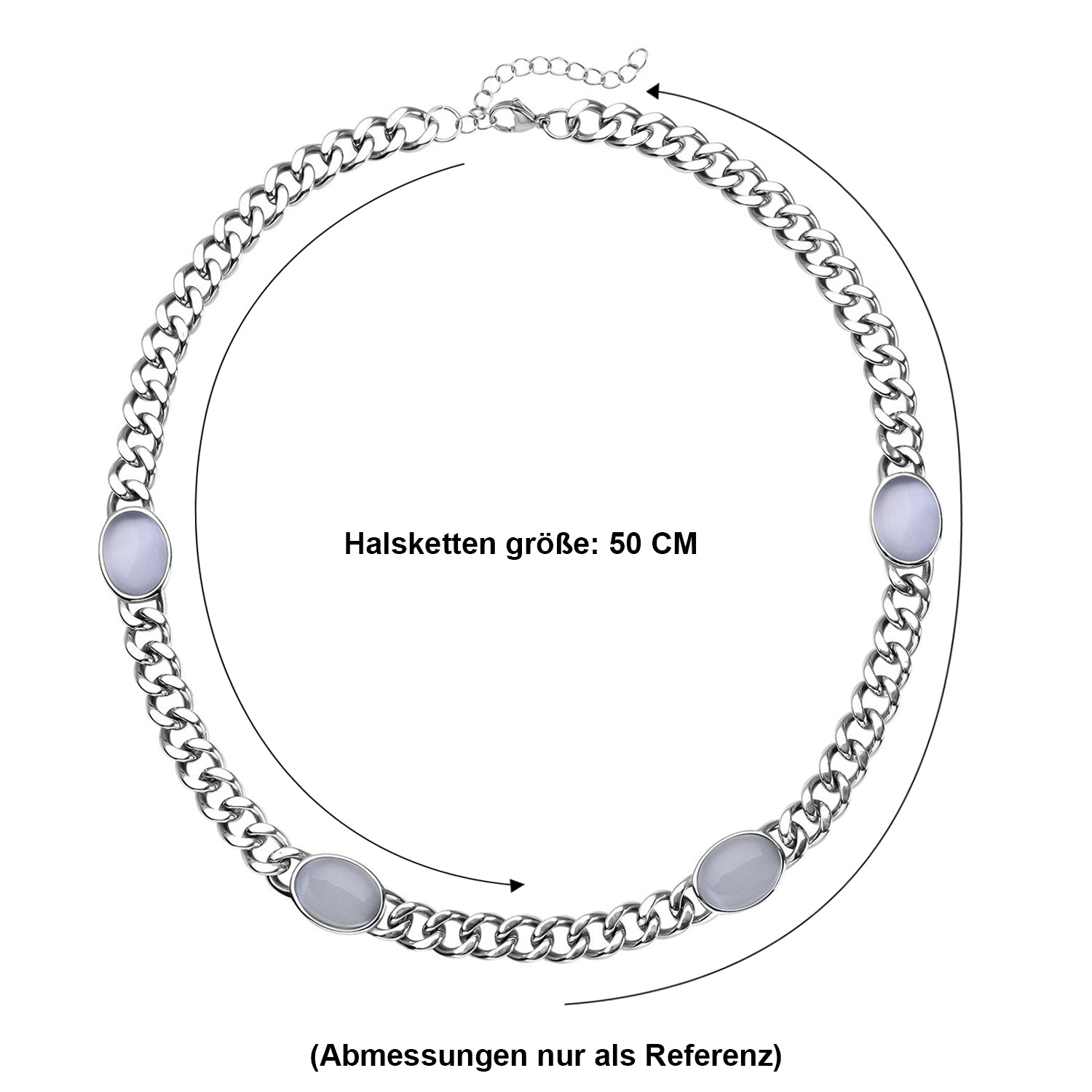 Künstliche, weiße Katzenaugen Halskette, ca. 50 cm, 316L Edelstahl, ca. 25.00 ct