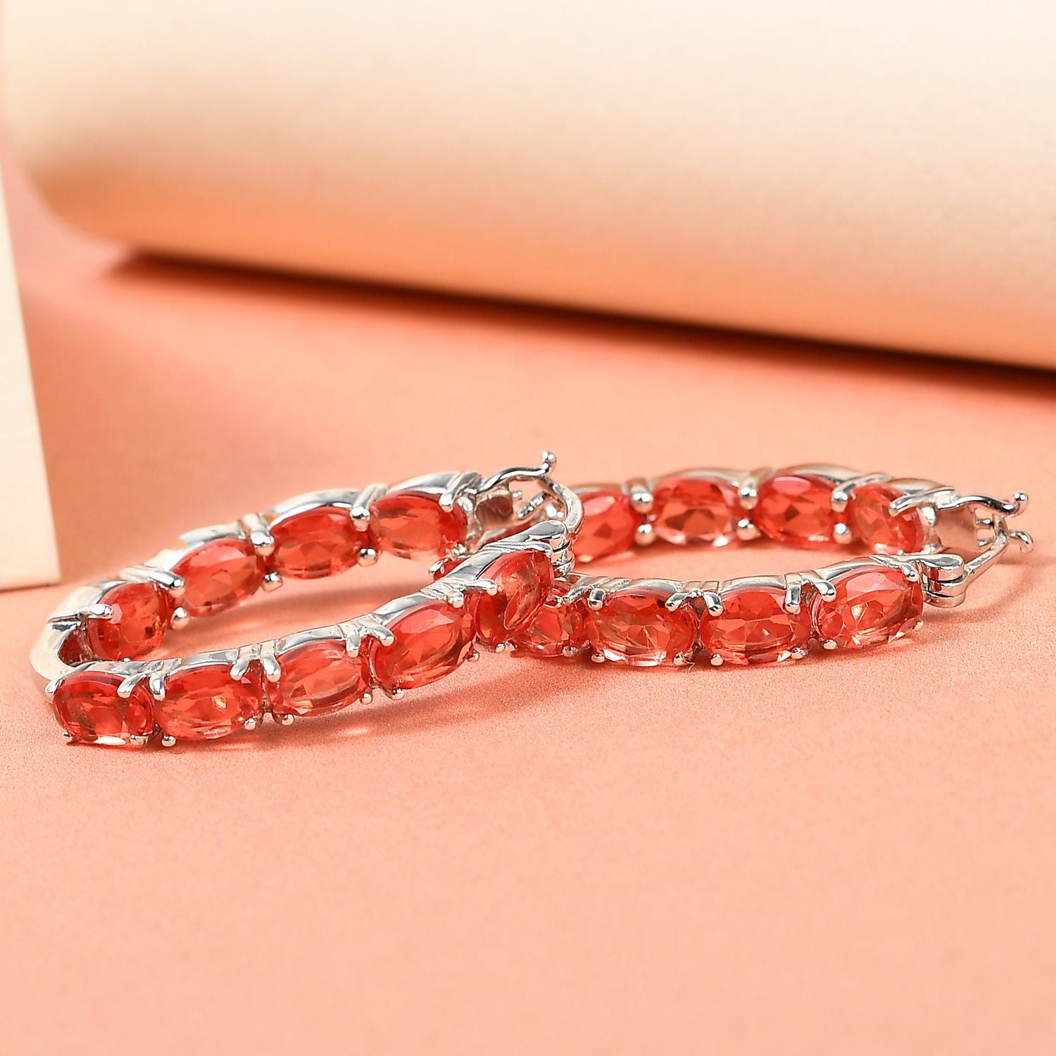 Padparadscha Triplette Quarz-Creolen, 925 Silber platiniert ca. 9.52 ct