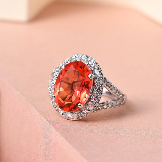 Padparadscha Triplette Quarz und weißer Zirkon-Ring, 925 Silber platiniert (Größe 21.00) ca. 7.71 ct