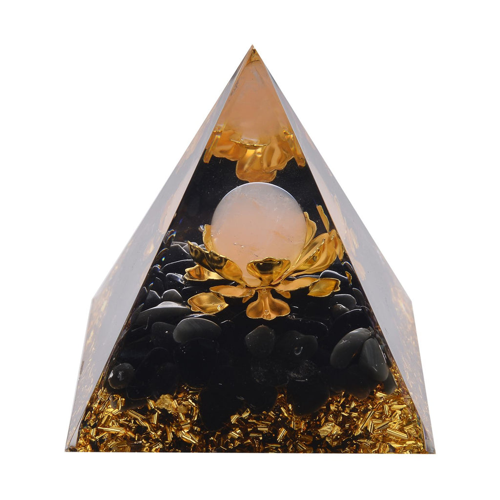 Feng Shui Edelstein Pyramide, Lotusblüte, Schwarzer Obsidian und Rosenquarz