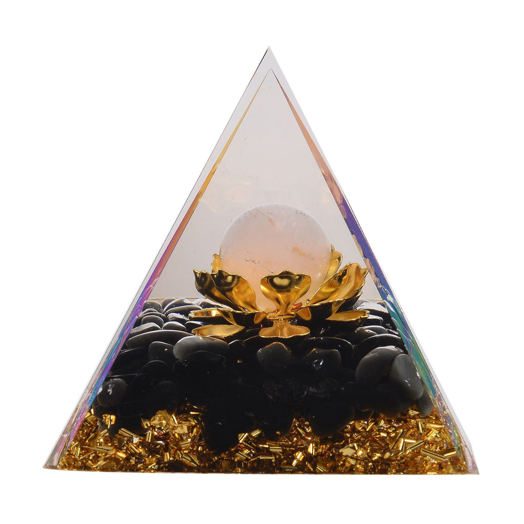 Feng Shui Edelstein Pyramide, Lotusblüte, Schwarzer Obsidian und Rosenquarz