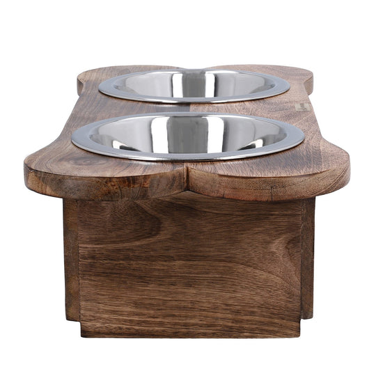 NAKKASHI - Handgeschnitzte Futternäpfe aus Mangoholz mit Schalen aus Edelstahl, braun, Pfote