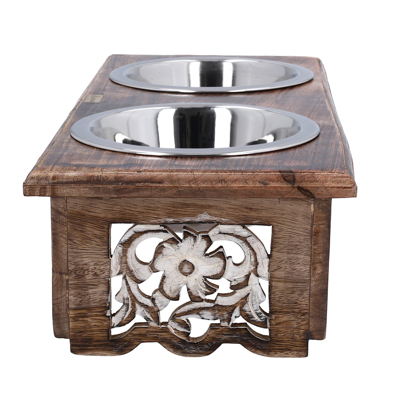 NAKKASHI - Handgeschnitzte Futternäpfe aus Mangoholz mit Schalen aus Edelstahl, braun, floral