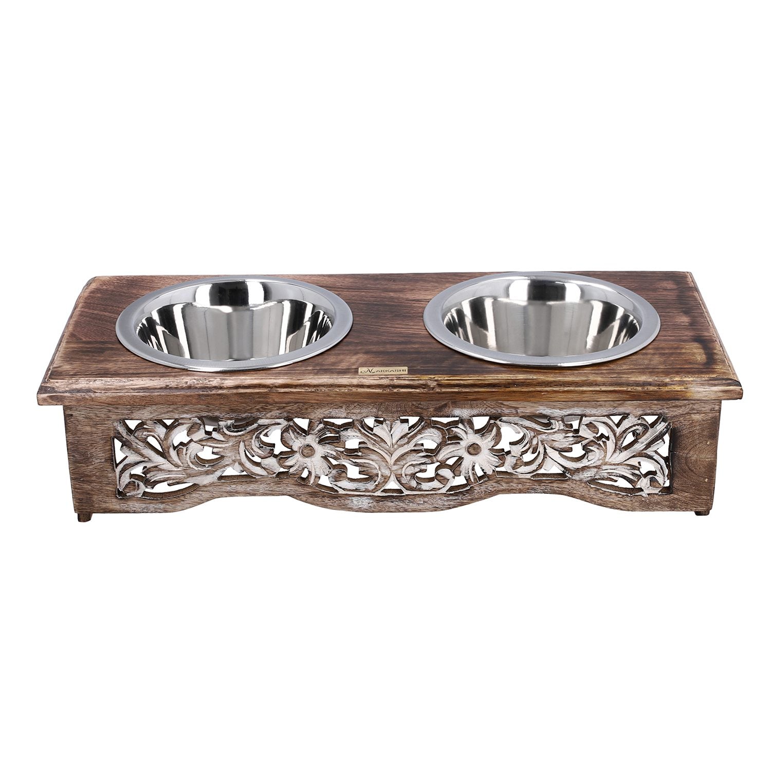 NAKKASHI - Handgeschnitzte Futternäpfe aus Mangoholz mit Schalen aus Edelstahl, braun, floral