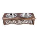 NAKKASHI - Handgeschnitzte Futternäpfe aus Mangoholz mit Schalen aus Edelstahl, braun, floral