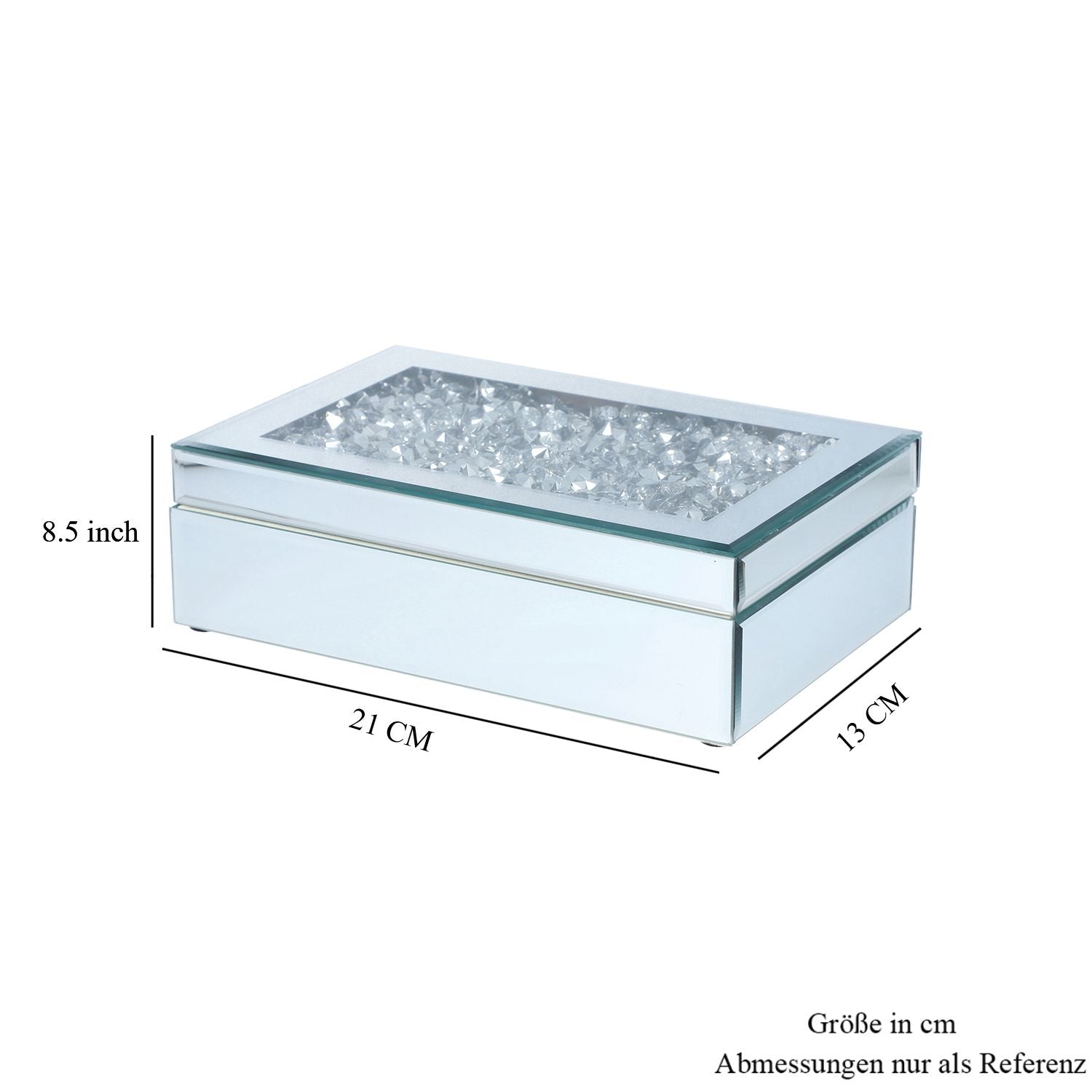 Verspiegelte Schmuckschatulle mit Kristalloberseite, 21x13x8.5cm, Silber