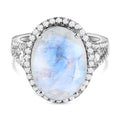 Premium Regenbogen Mondstein und weißer Zirkon-Ring, 925 Silber platiniert (Größe 18.00) ca. 9.10 ct