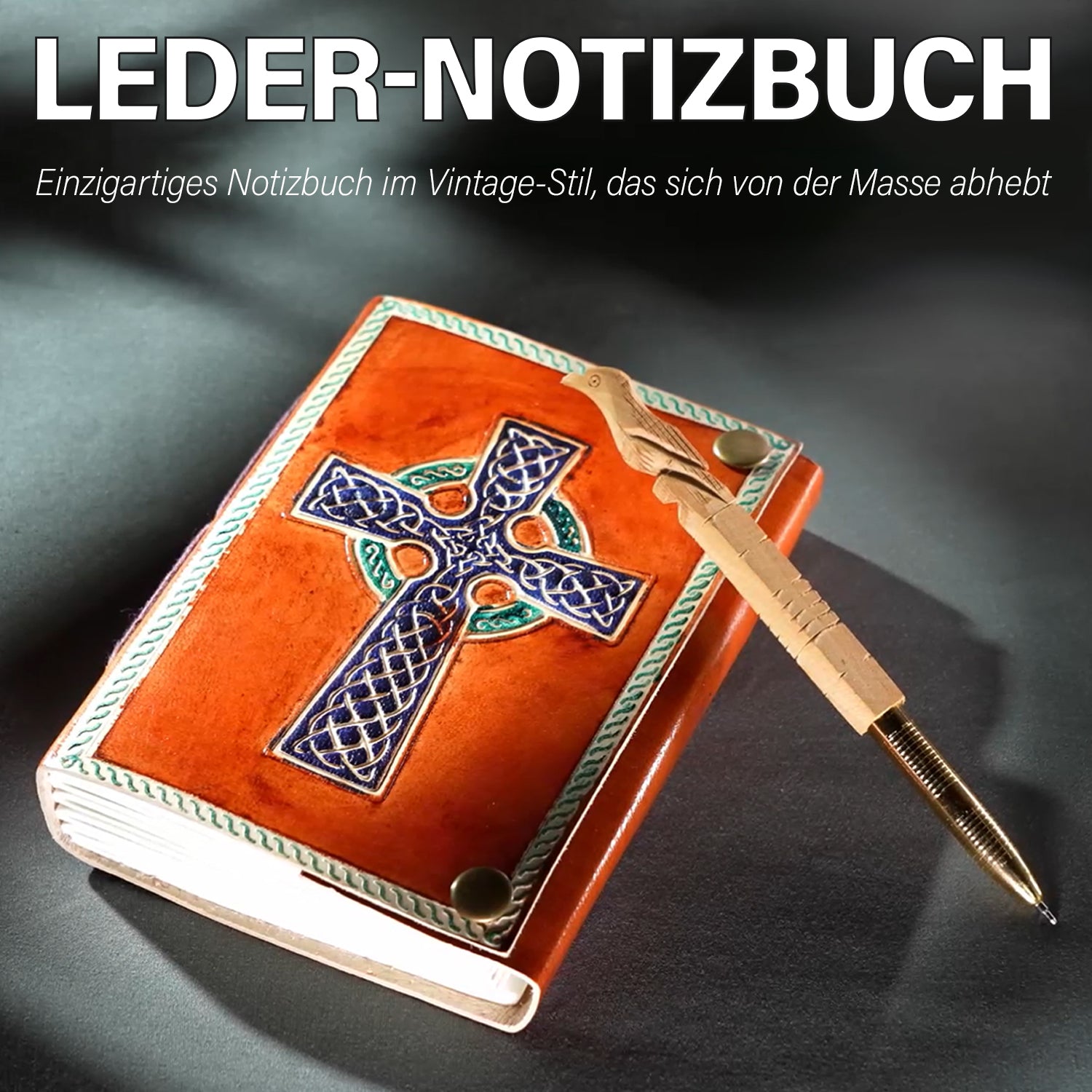 Kreuzgeprägtes Leder Notizbuch mit 96 Seiten & 1 Holzstift, braun