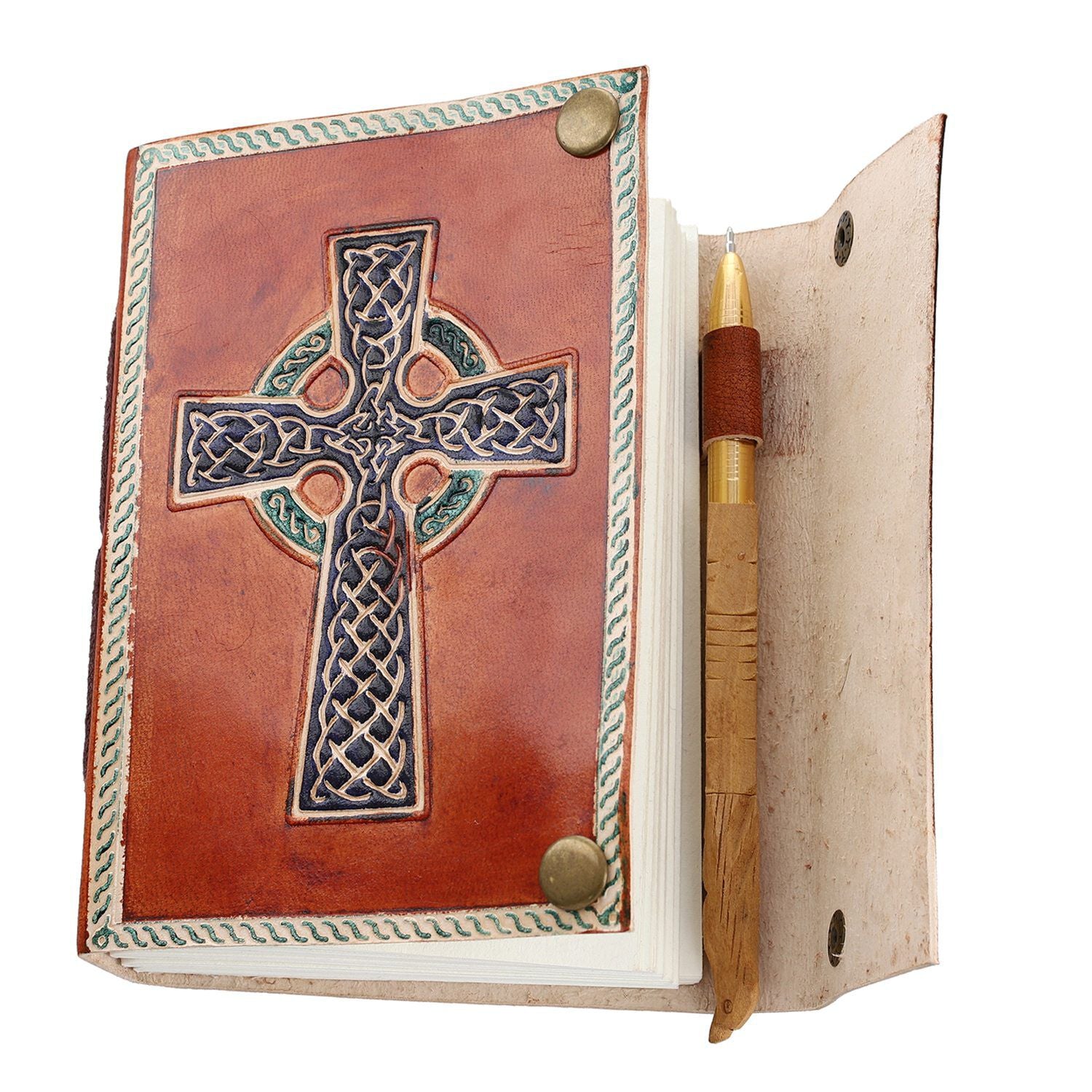 Kreuzgeprägtes Leder Notizbuch mit 96 Seiten & 1 Holzstift, braun