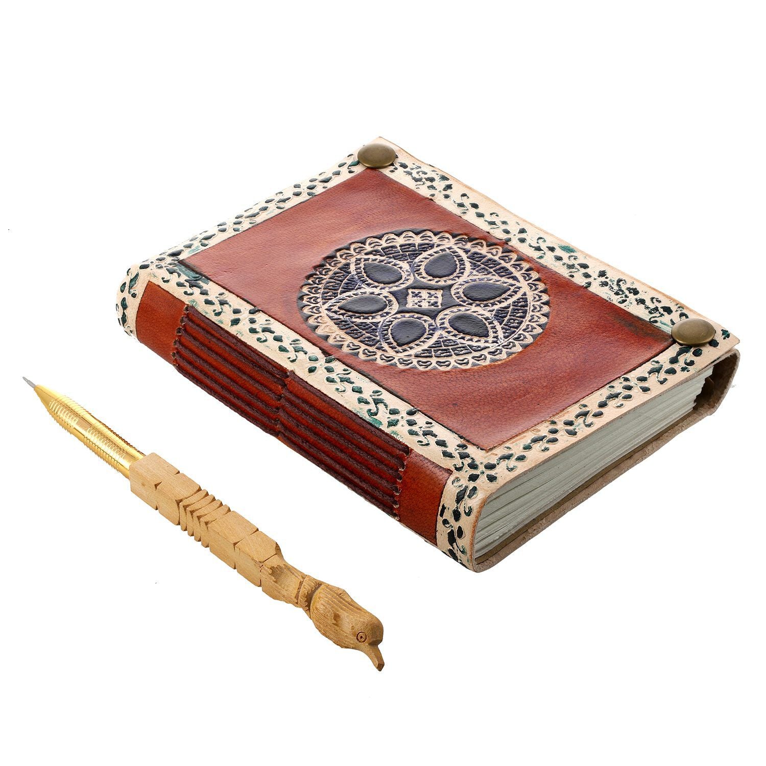 Mandalageprägtes Leder Notizbuch mit 96 Seiten & 1 Holzstift, braun