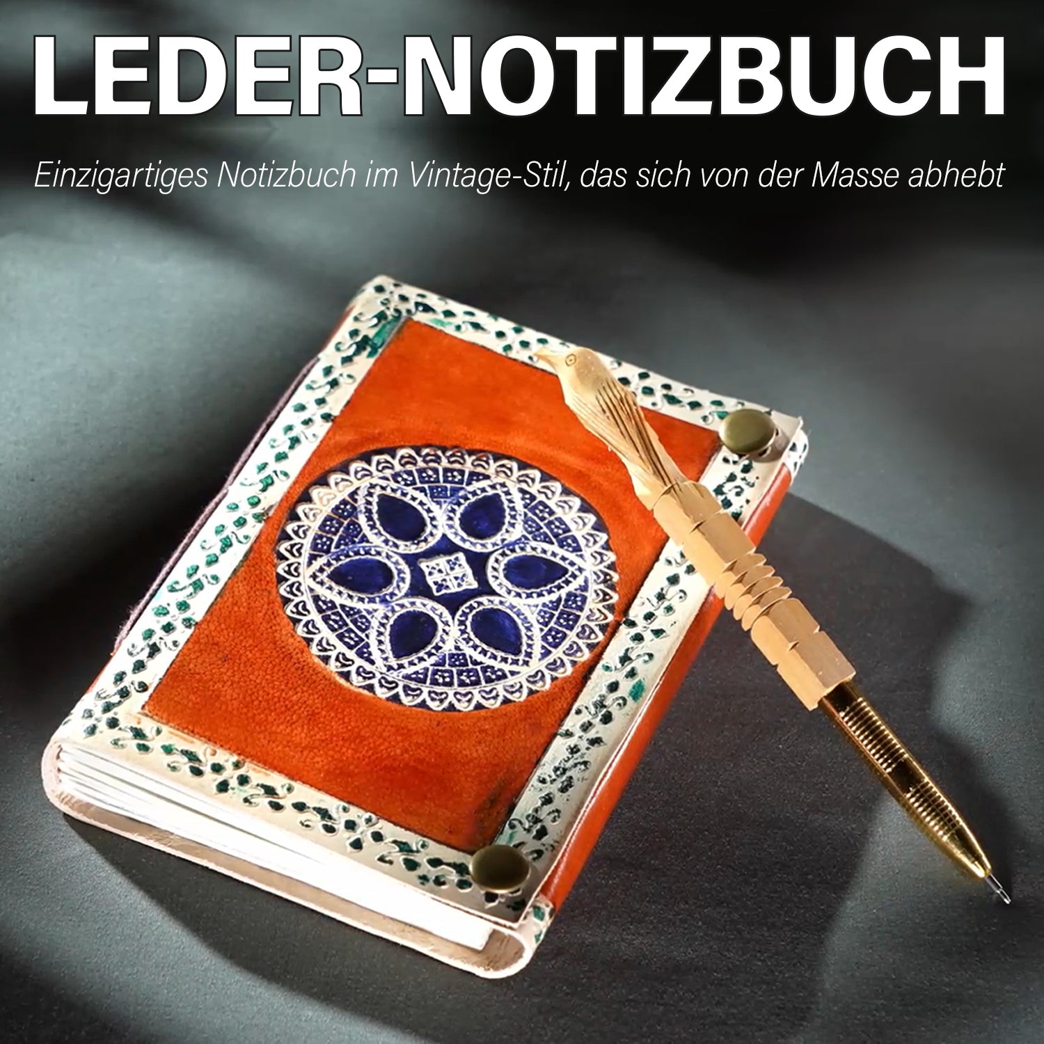 Mandalageprägtes Leder Notizbuch mit 96 Seiten & 1 Holzstift, braun