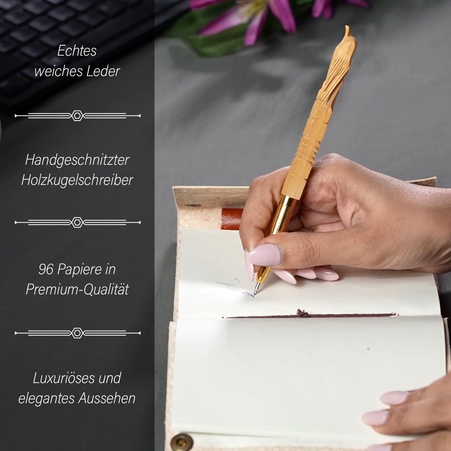 Mandalageprägtes Leder Notizbuch mit 96 Seiten & 1 Holzstift, braun