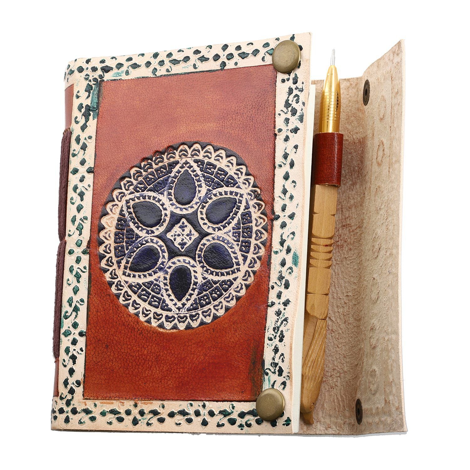 Mandalageprägtes Leder Notizbuch mit 96 Seiten & 1 Holzstift, braun