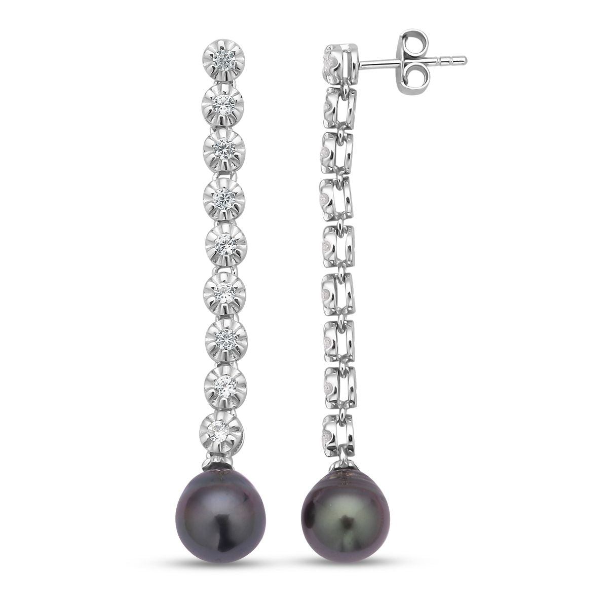 Tahiti Perle und weiße Zirkon-Ohrringe, 8-9mm, 925 Silber rhodiniert ca. 0.94 ct