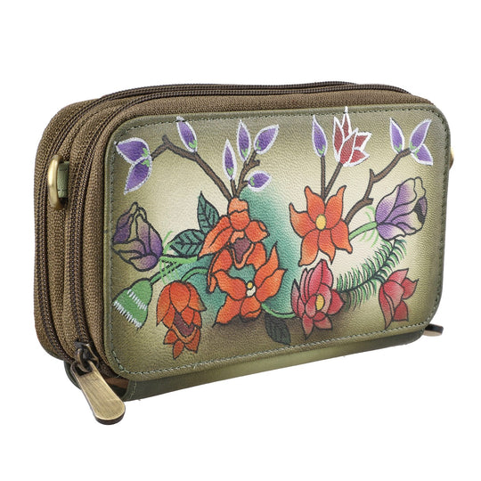 SUKRITI - RFID-geschütztes 100% Echtleder handgemaltes Crossbody-Tasche, 20x9 cm, gelb grün