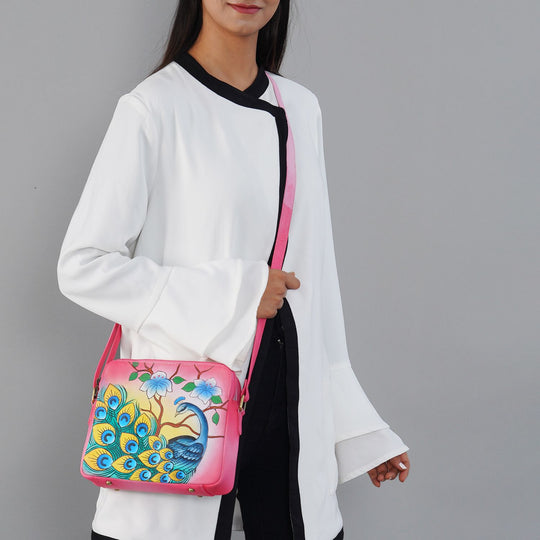 SUKRITI - handbemalte Crossbody Tasche aus echtem Leder mit RFID schutz, 22 x 19 x 6 cm, rosa