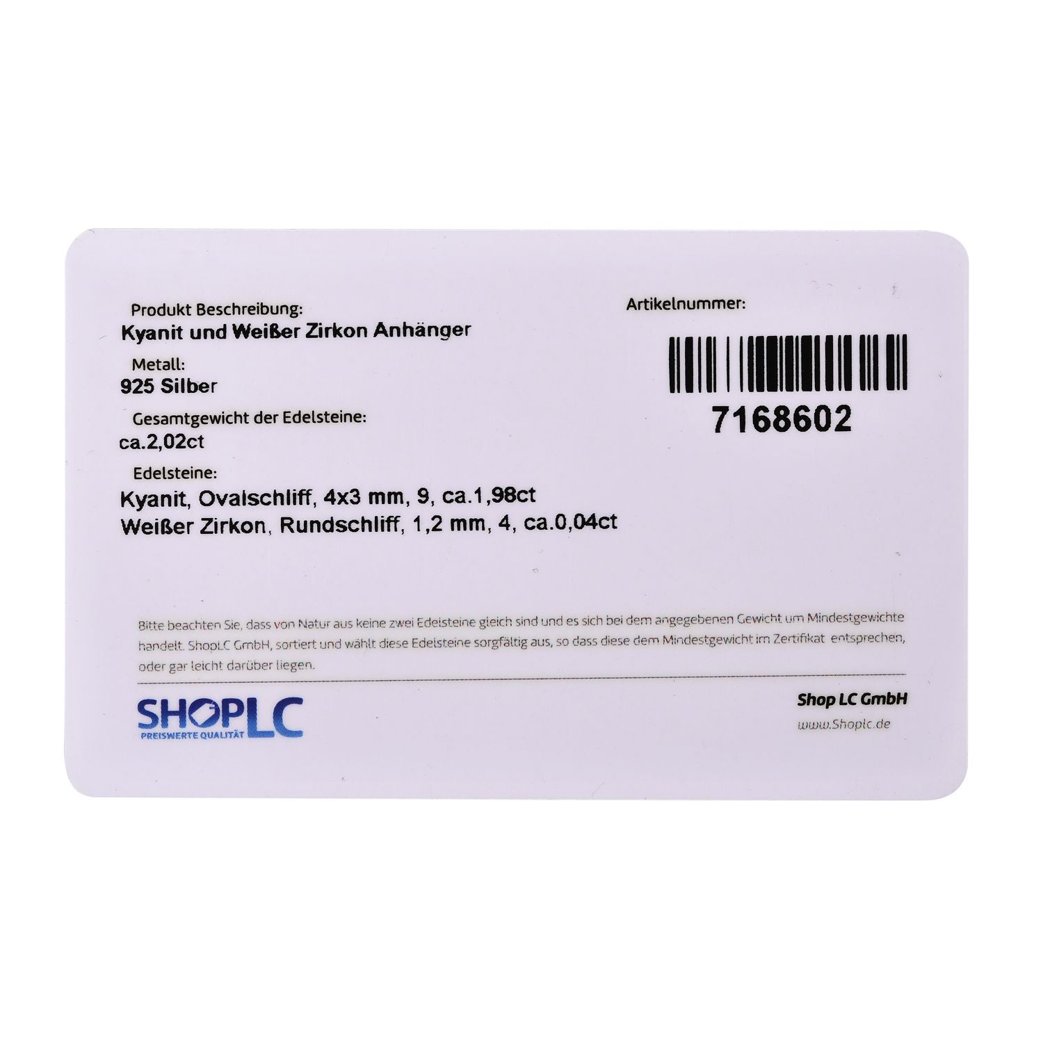 Kaschmir Kyanit und weißer Zirkon-Anhänger, 925 Silber platiniert ca. 2.19 ct