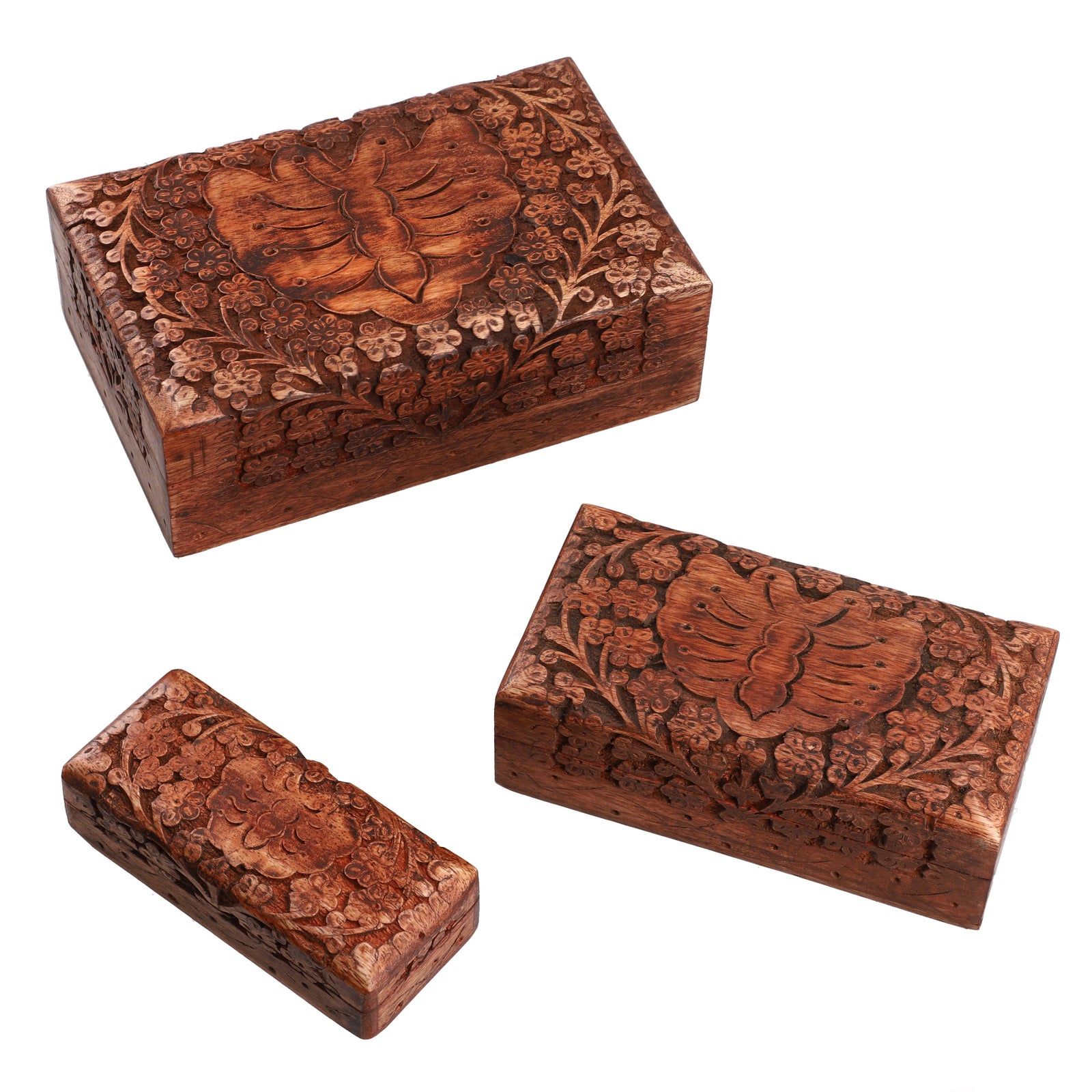 3er Set Handgeschnitzes Boxen aus Sheeshamholz mit Kaschmir und Schmetterling, 21x13 cm