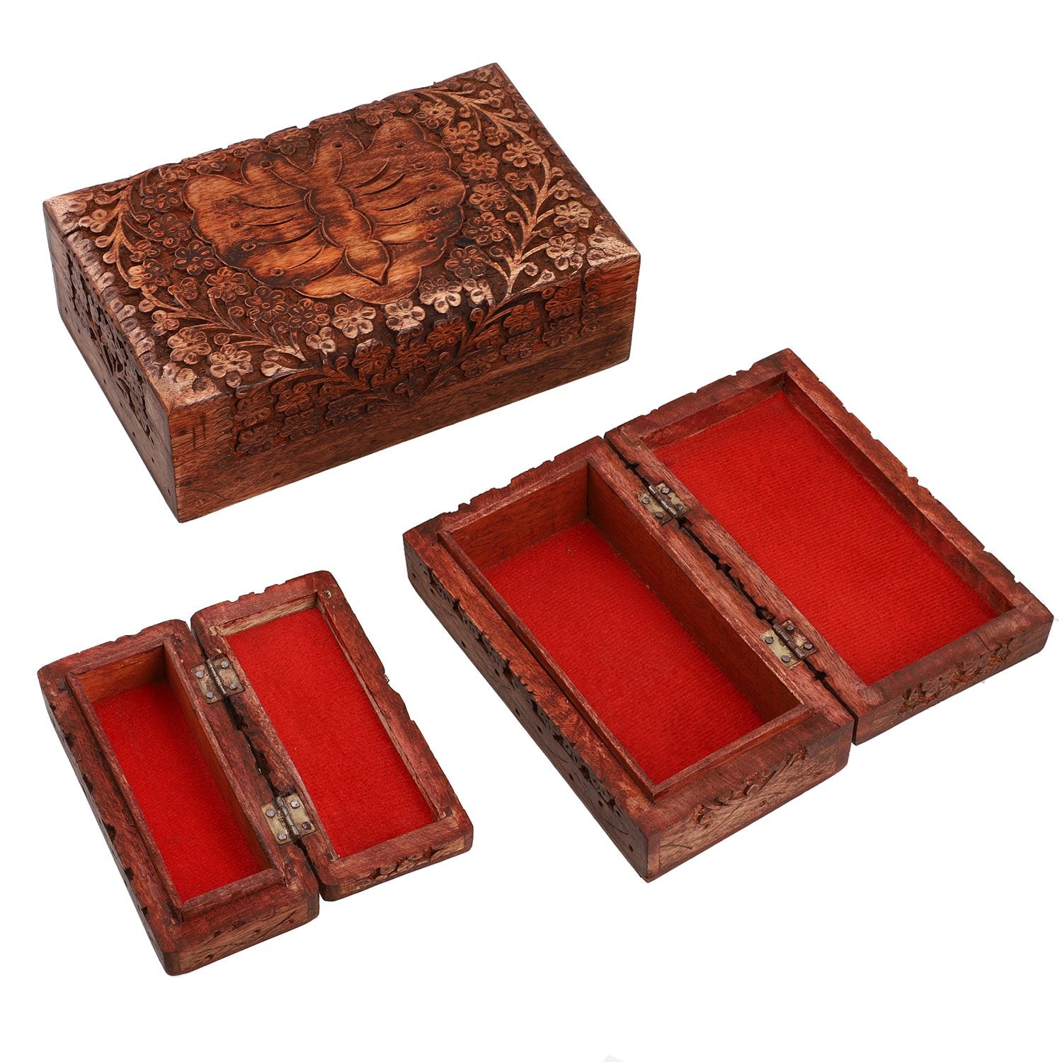 3er Set Handgeschnitzes Boxen aus Sheeshamholz mit Kaschmir und Schmetterling, 21x13 cm