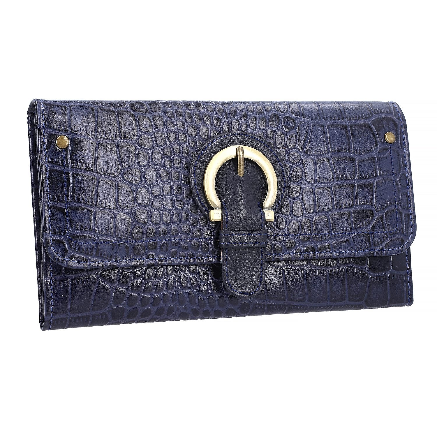 Echtleder Portemonnaie mit Krokoprägung und RFID-Schutz, 19,5x11,45 cm, marine