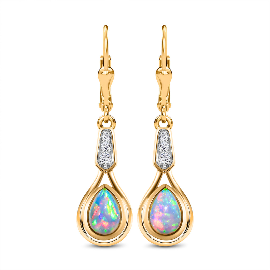 Natürliche, äthiopische Welo Opal und weiße Zirkon-Ohrringe, 925 Silber vergoldet ca. 0,90 ct
