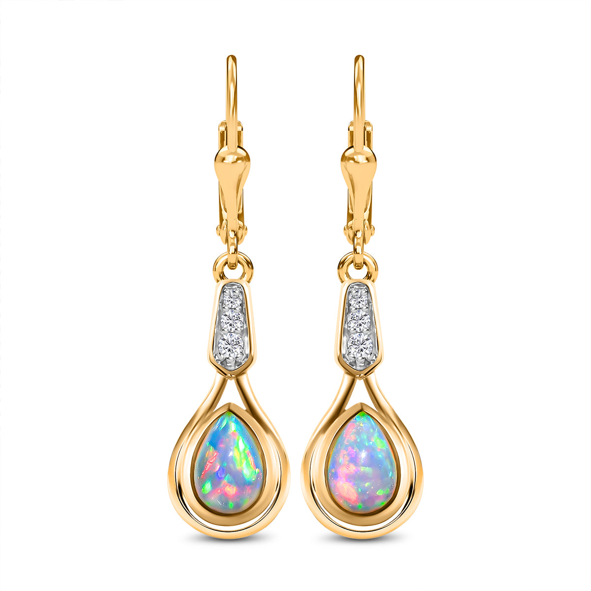 Natürliche, äthiopische Welo Opal und weiße Zirkon-Ohrringe, 925 Silber vergoldet ca. 0,90 ct