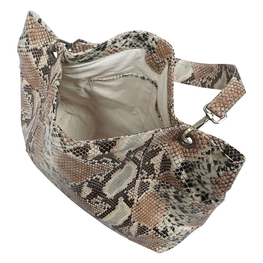 Assots London: 100% echtes Leder Hobo-Tasche mit Schlangen Muster, beige