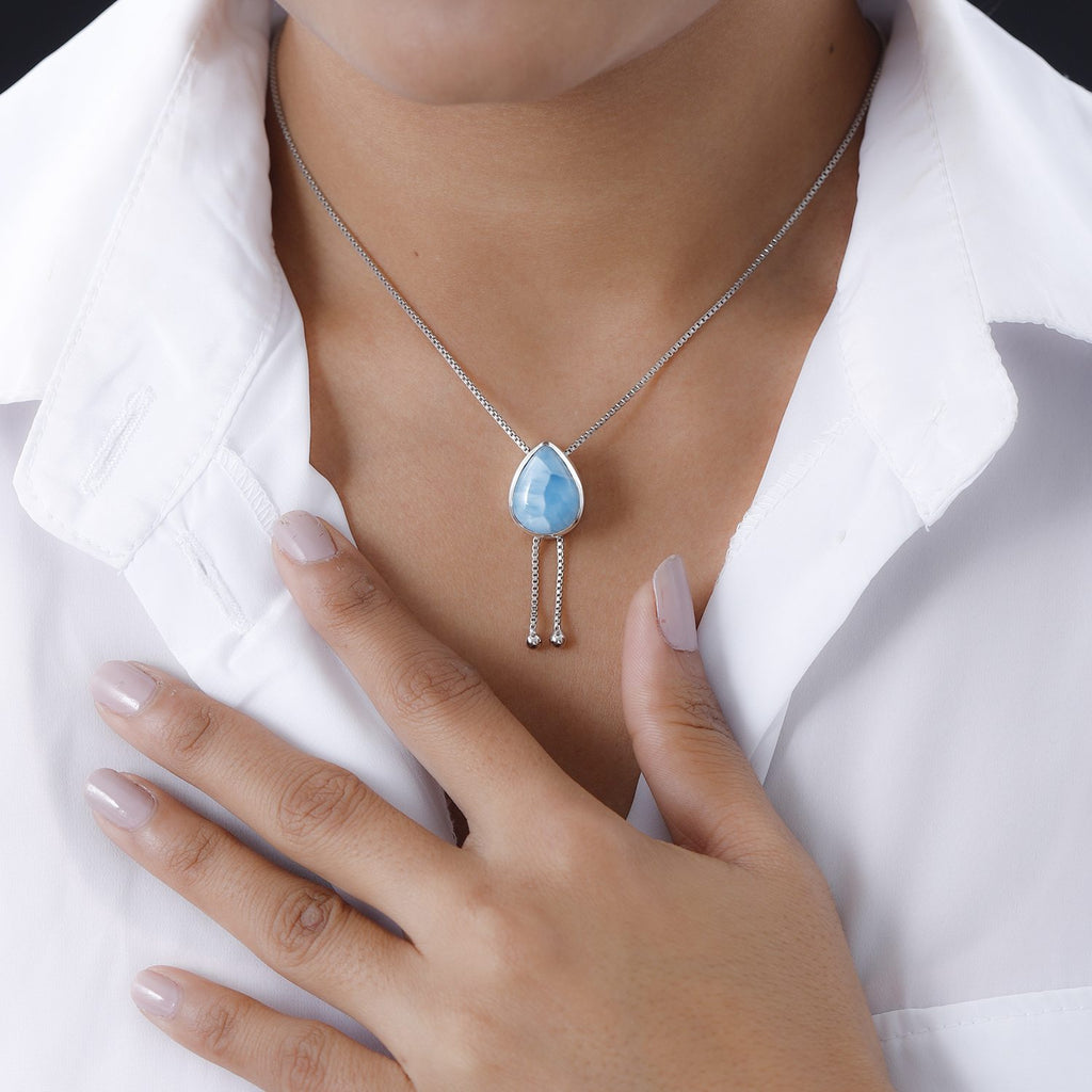 Larimar Halskette ca. 45 cm 925 Silber platiniert ca. 8.92 ct