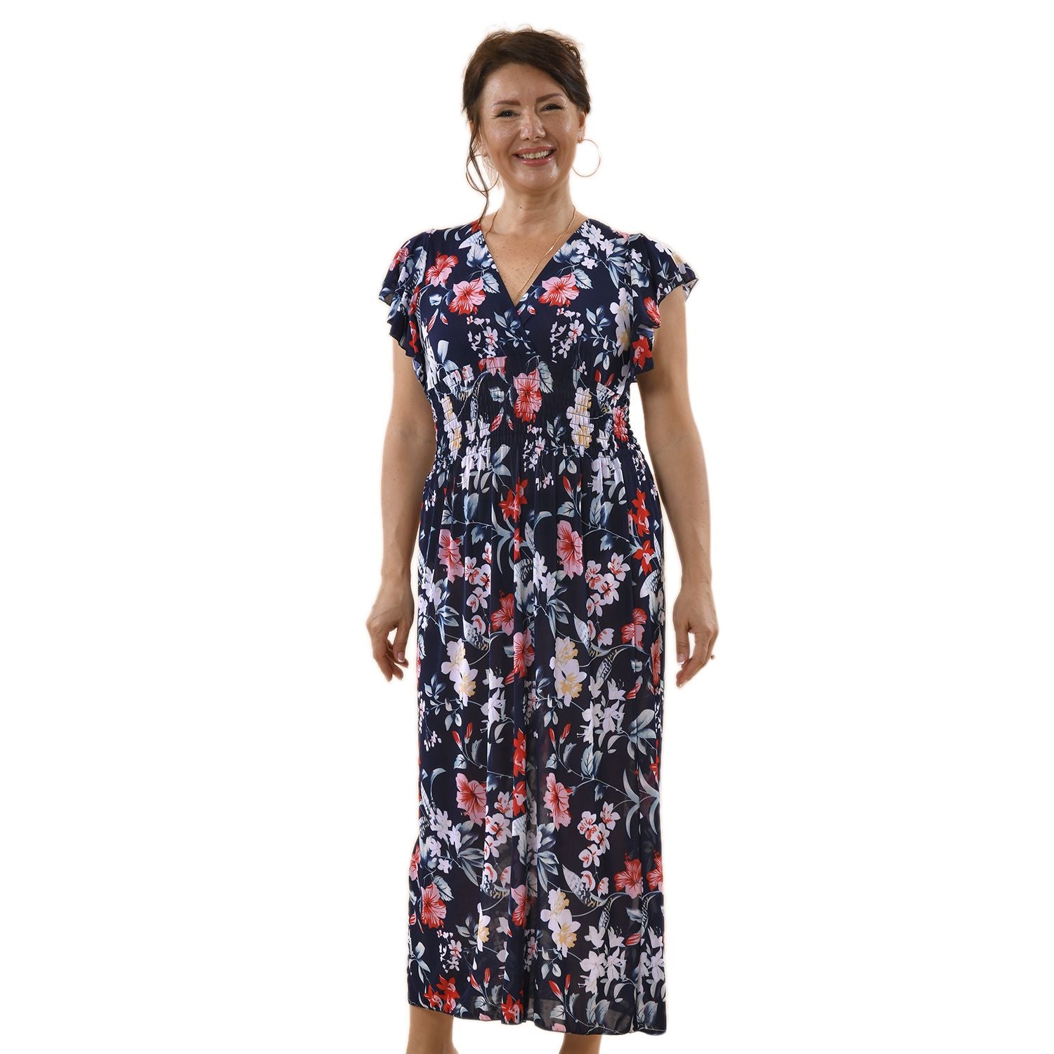 TAMSY - Maxi Kleid mit gesmokter Taille und Flatterärmel, One Size, blau
