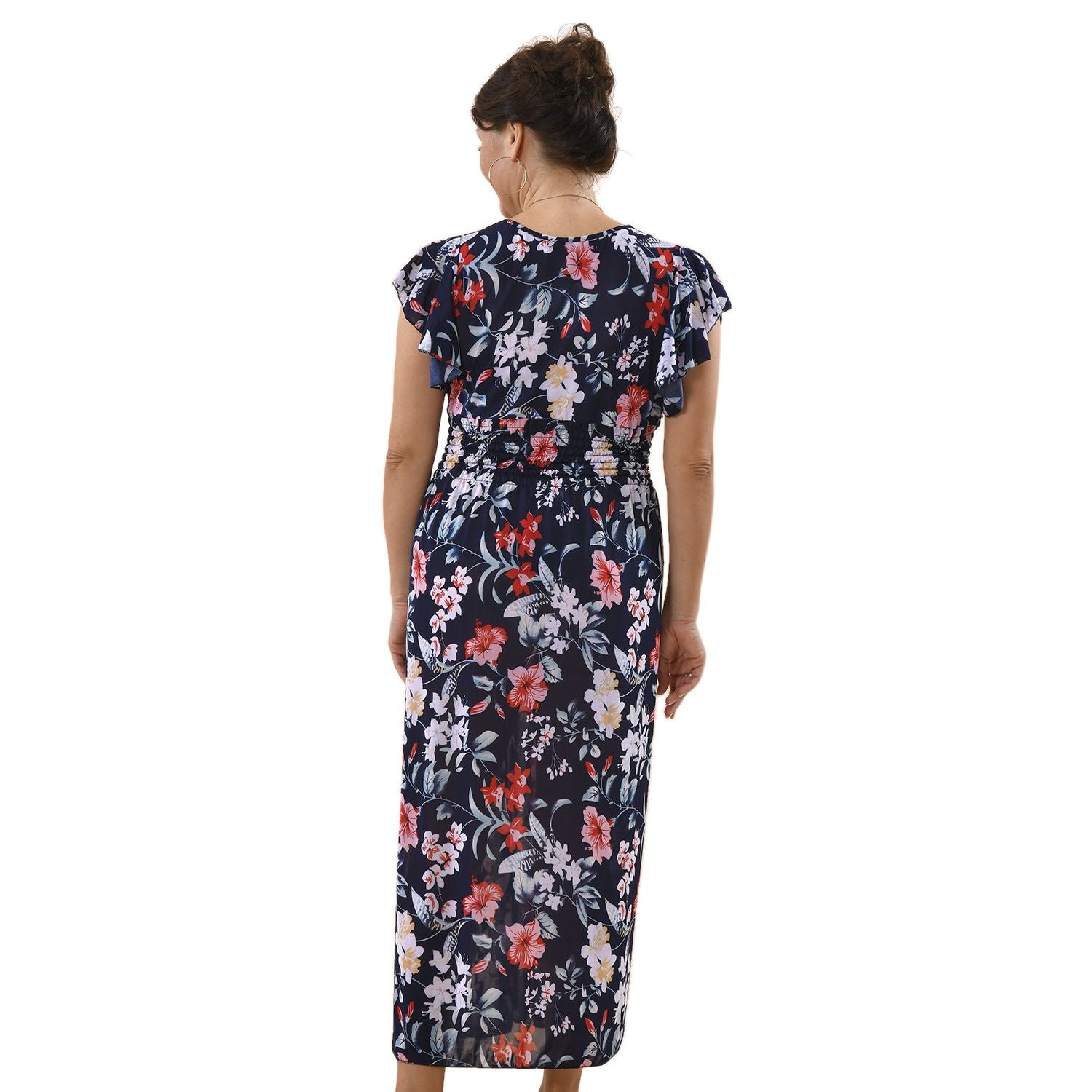 TAMSY - Maxi Kleid mit gesmokter Taille und Flatterärmel, One Size, blau