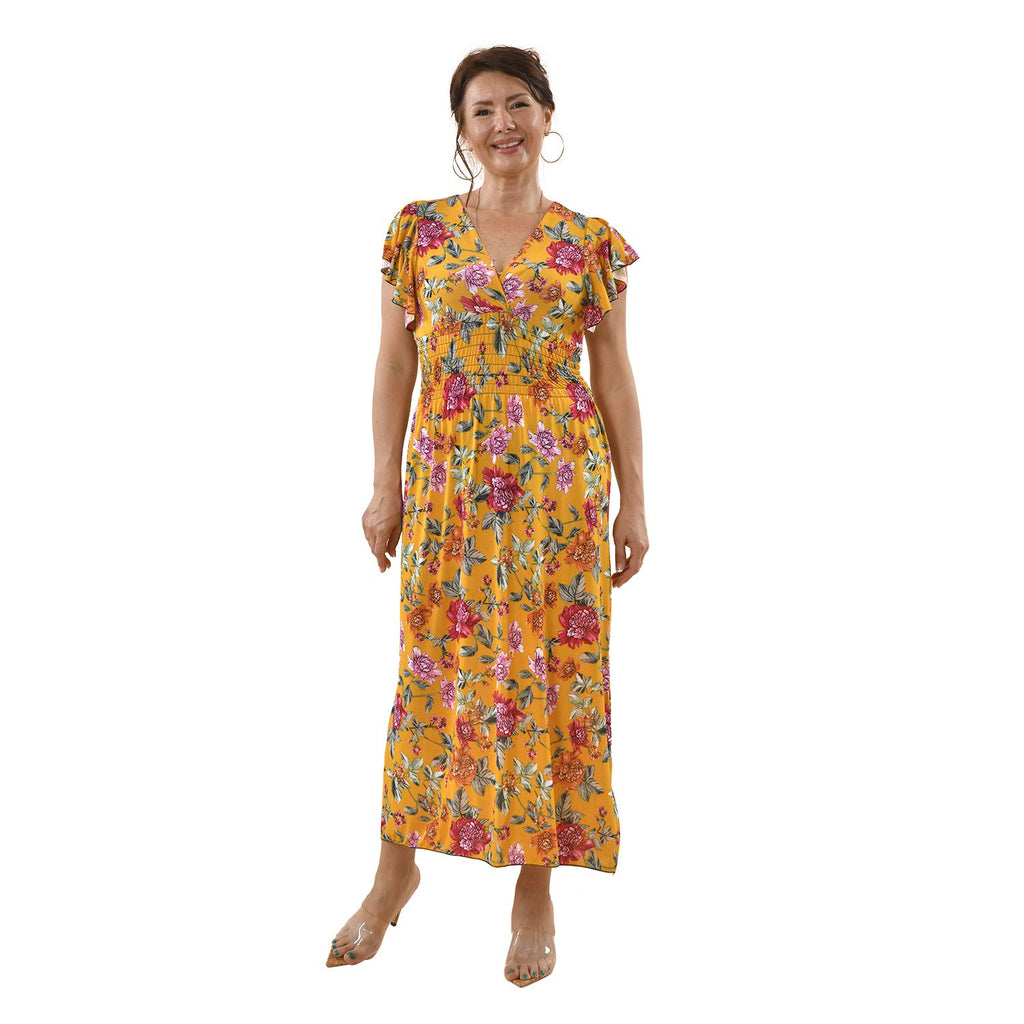 Maxi Kleid mit gesmokter Taille und Flatterärmel, One Size, gelb