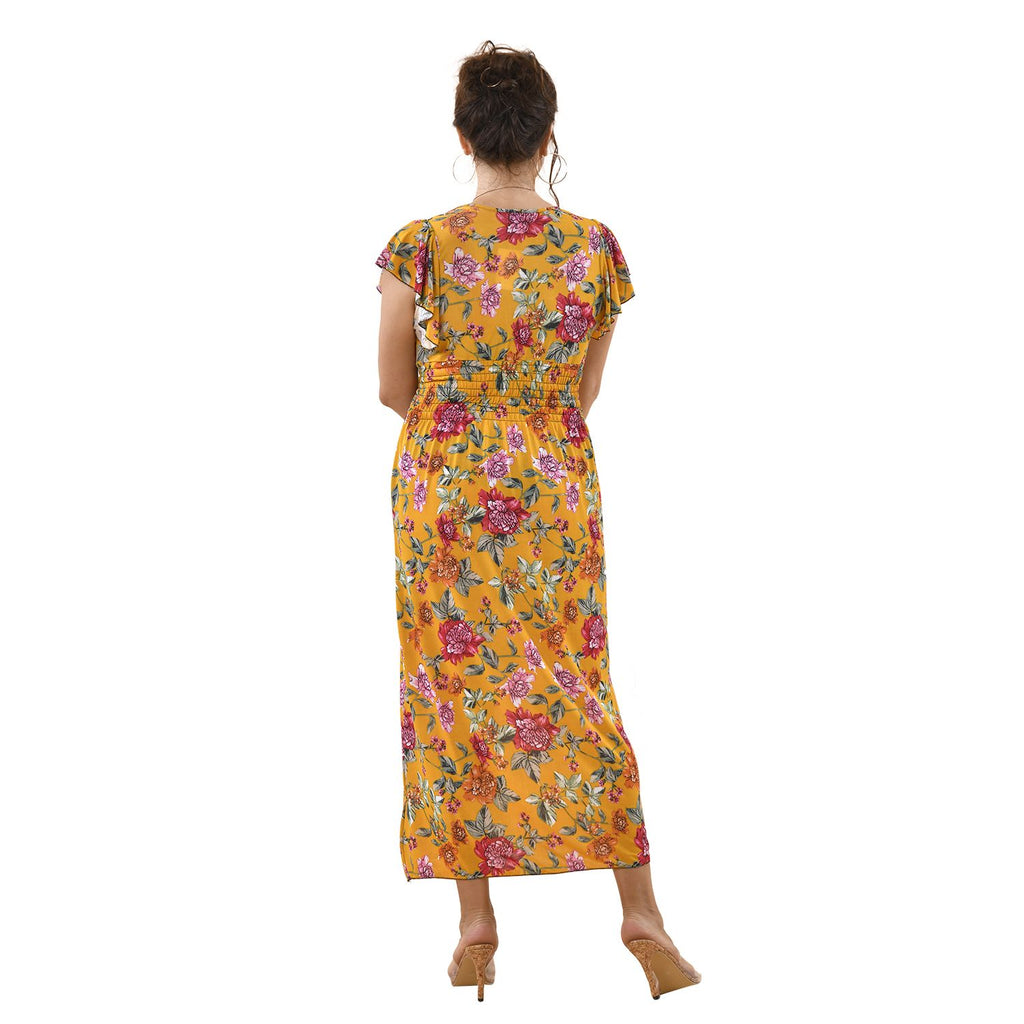 Maxi Kleid mit gesmokter Taille und Flatterärmel, One Size, gelb
