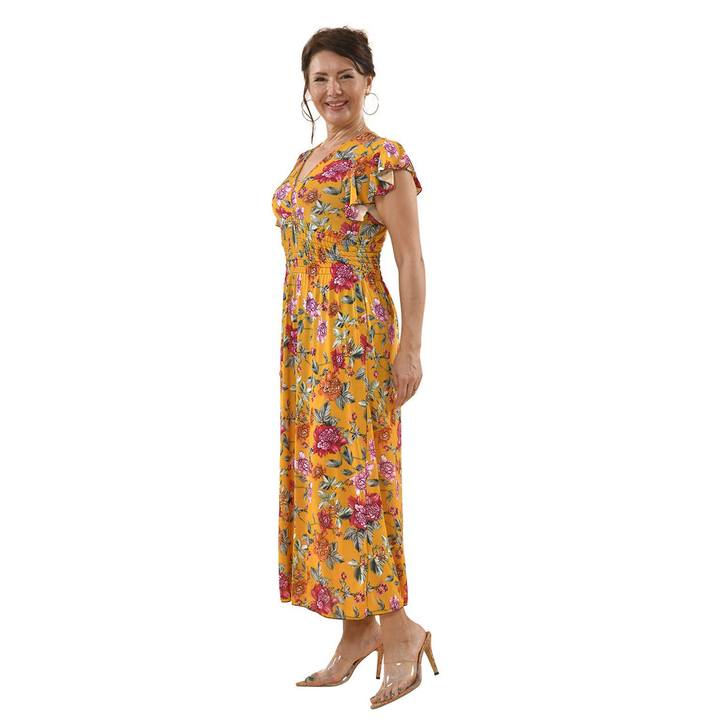 Maxi Kleid mit gesmokter Taille und Flatterärmel, One Size, gelb