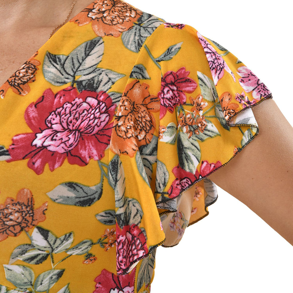 Maxi Kleid mit gesmokter Taille und Flatterärmel, One Size, gelb