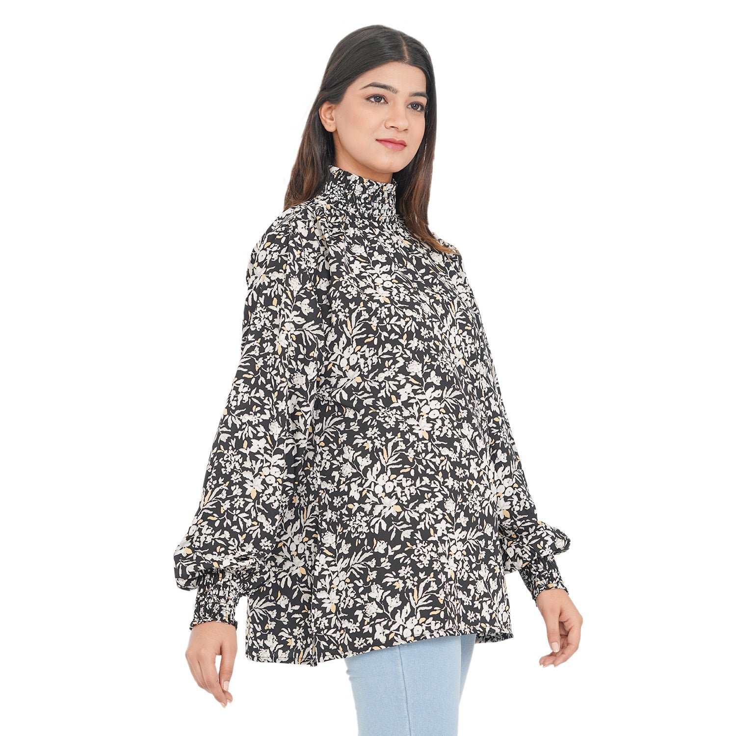 TAMSY - Damen Bluse mit Blatt- und Blumenmuster, Größe 38, Schwarz