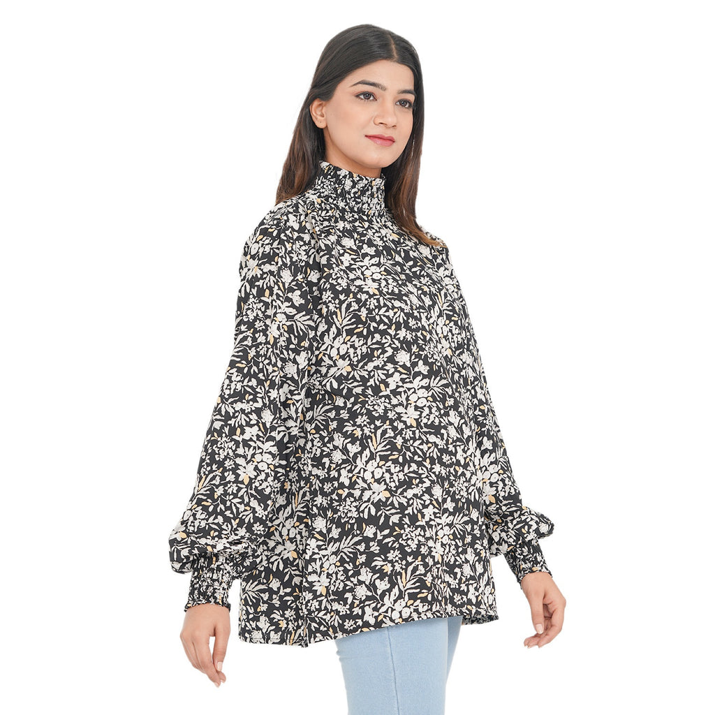 TAMSY - Damen Bluse mit Blatt- und Blumenmuster, Größe 38, Schwarz