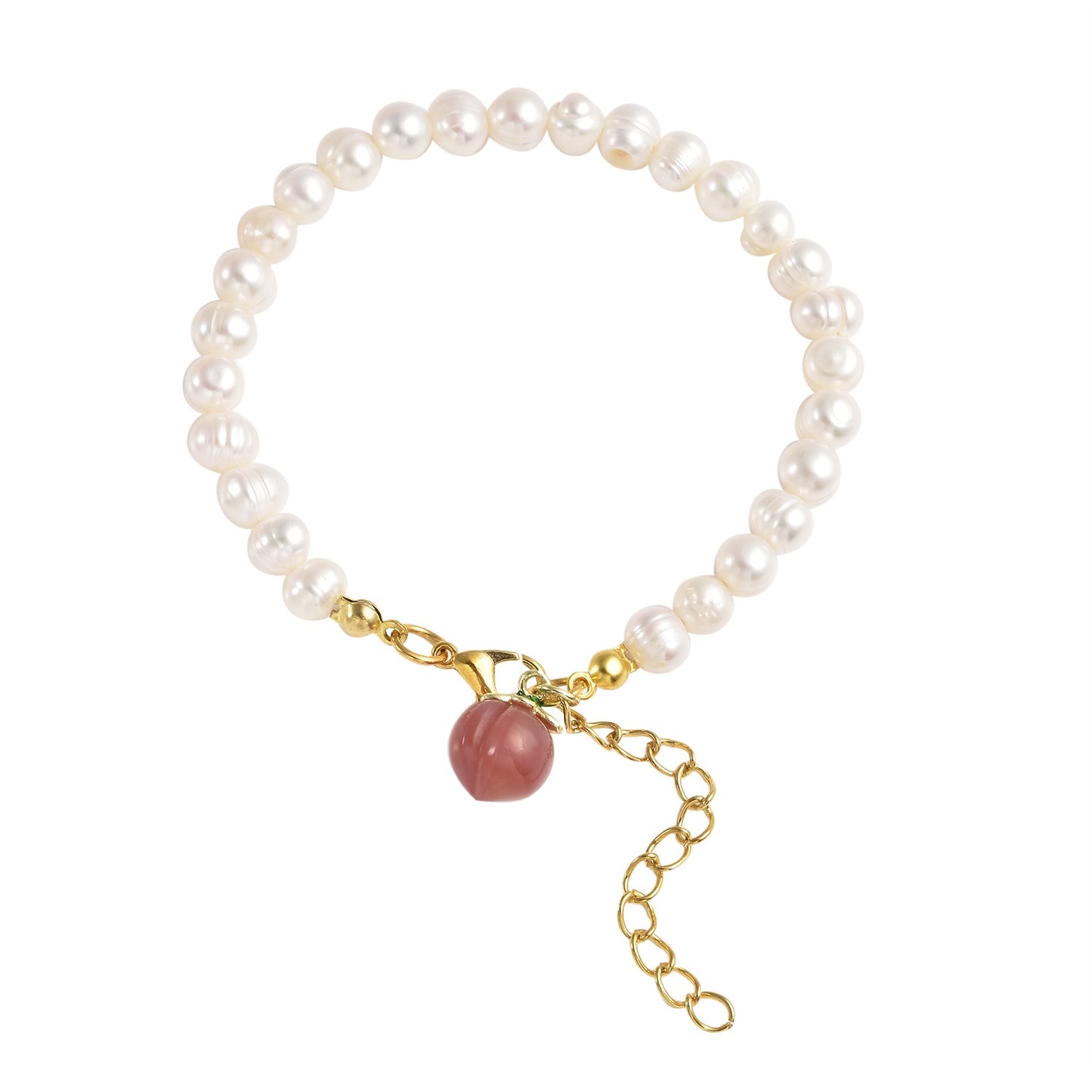 Pfirsich Achat und weißes Süßwasserperlen-Armband, 19 cm, silberfarben