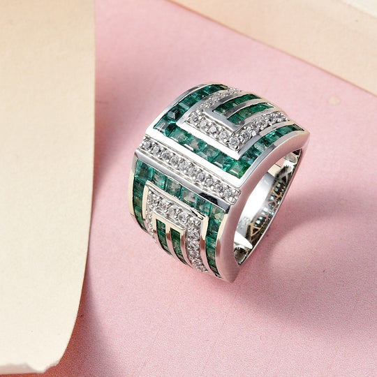 AAA Kagem Sambischer Smaragd Ring, Mäandermuster, 925 Silber platiniert (Größe 17.00) ca. 3.93 ct