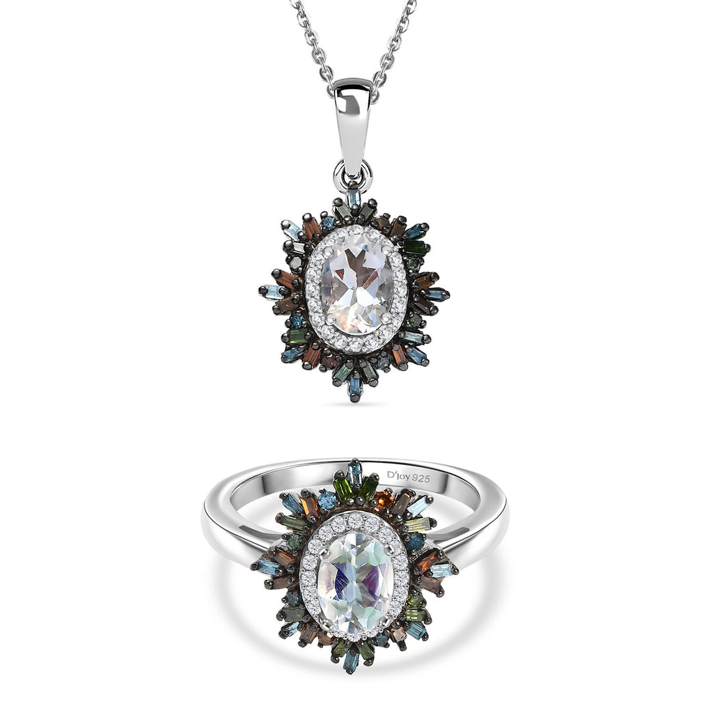 D'Joy AAA Premium Malagasy Mondstein und mehrfarbiger Diamant Ring und Anhänger mit 50cm Kette