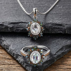 D'Joy AAA Premium Malagasy Mondstein und mehrfarbiger Diamant Ring und Anhänger mit 50cm Kette