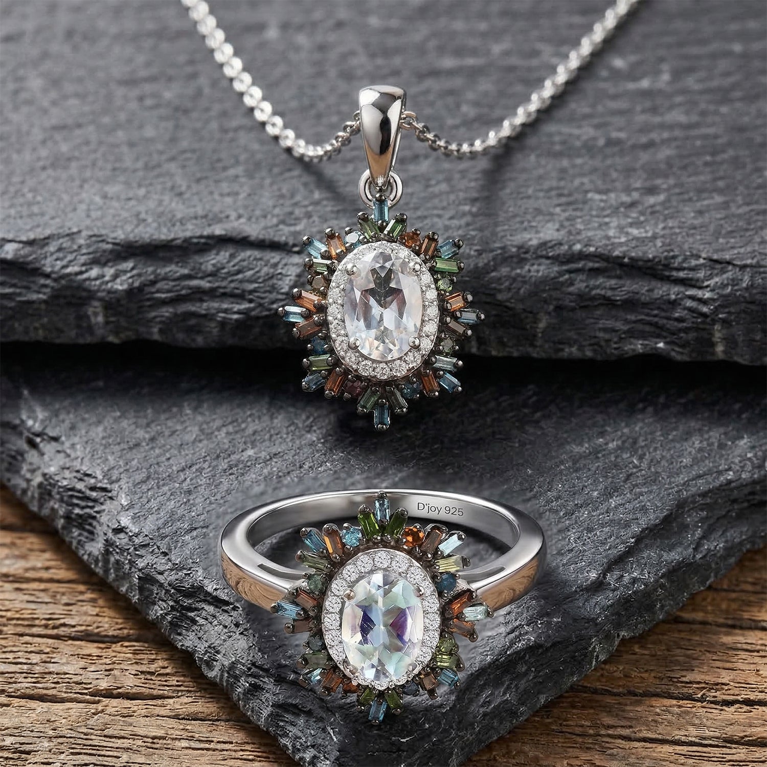 D'Joy AAA Premium Malagasy Mondstein und mehrfarbiger Diamant Ring und Anhänger mit 50cm Kette